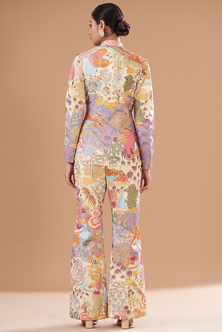 Ivory-Beige Kasab Satin Printed & Embellished Pant Suit Set by Aisha Rao at Pernia's Pop Up Shop