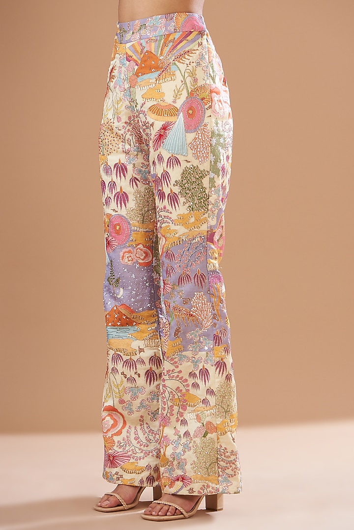 Ivory-Beige Kasab Satin Printed & Embellished Pant Suit Set by Aisha Rao at Pernia's Pop Up Shop