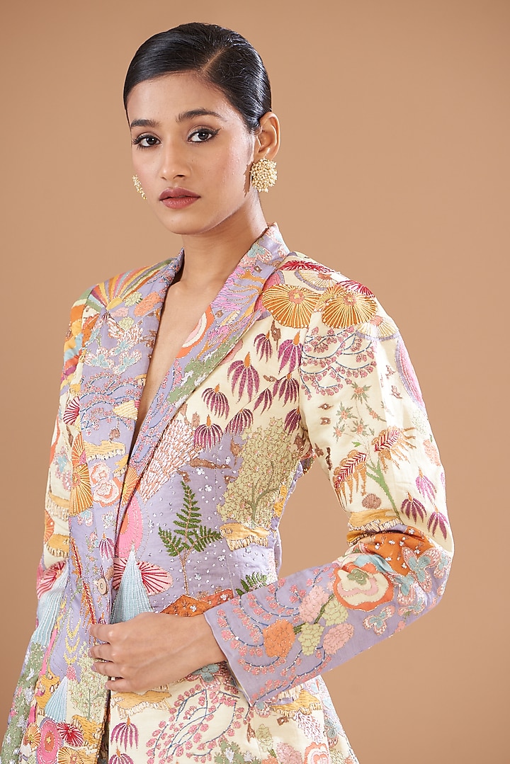 Ivory-Beige Kasab Satin Printed & Embellished Pant Suit Set by Aisha Rao at Pernia's Pop Up Shop