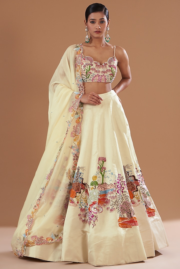 Ivory-Beige Kasab Satin Embellished Lehenga Set by Aisha Rao