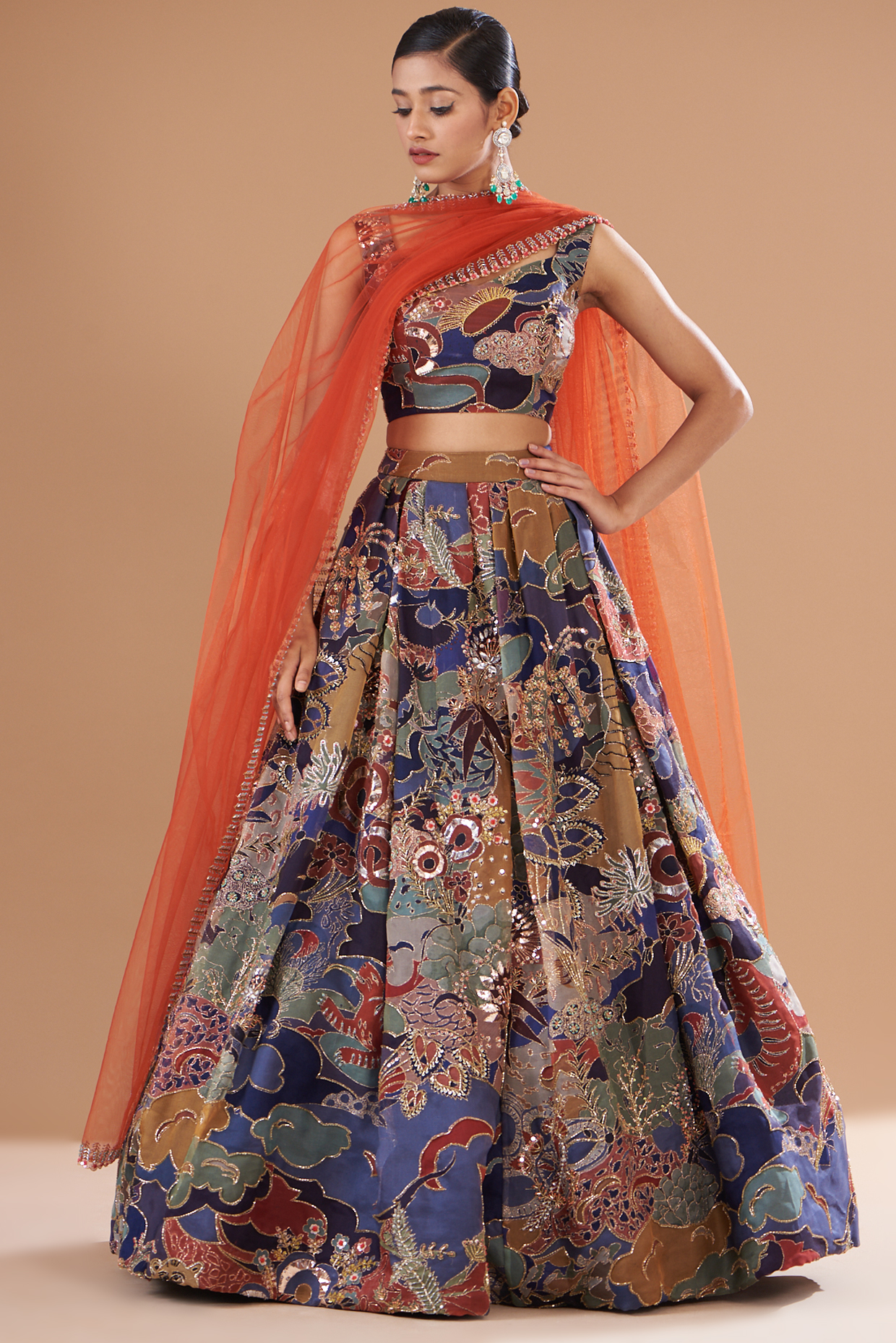 Blue Organza Printed & Embellished Lehenga Set by Aisha Rao