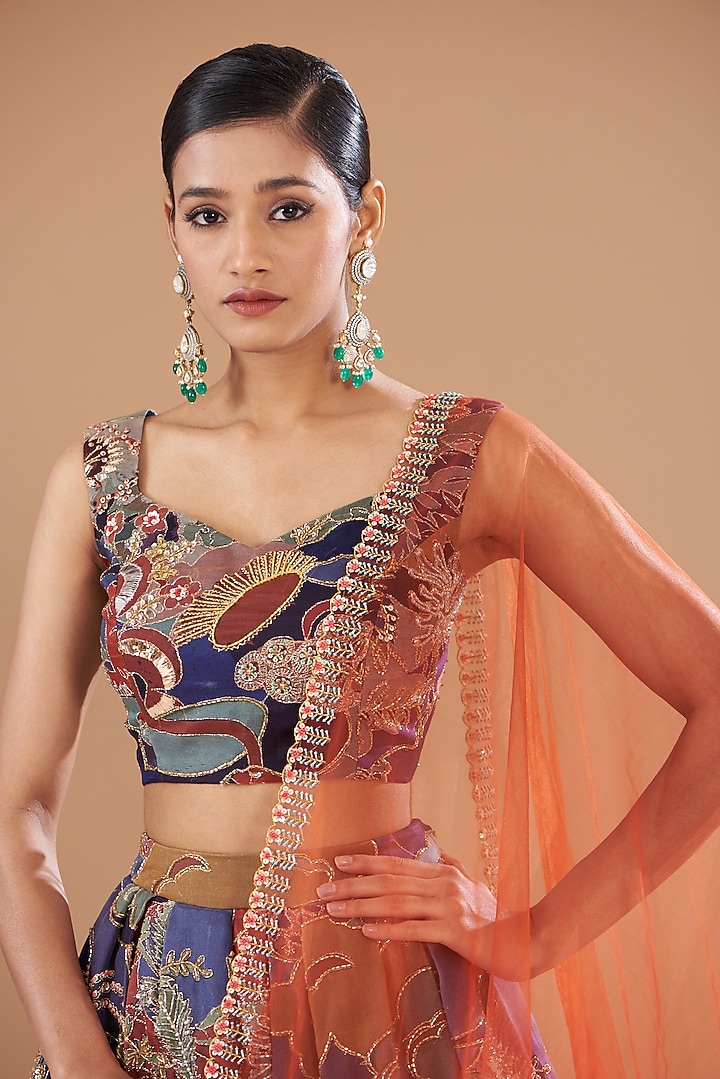 Blue Organza Printed & Embellished Bridal Lehenga Set by Aisha Rao at Pernia's Pop Up Shop