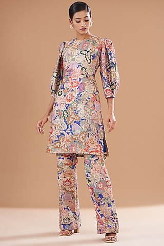 Violet Raw Silk Embellished & Printed Kurta Set by Aisha Rao