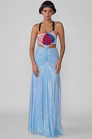Baby Blue Sequins Gathered Skirt Set by Aisha Rao