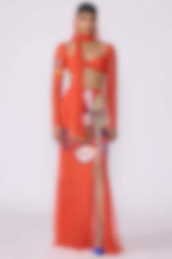 Spanish Orange Tulle Net Applique Embellished Skirt Set by Aisha Rao at Pernia's Pop Up Shop