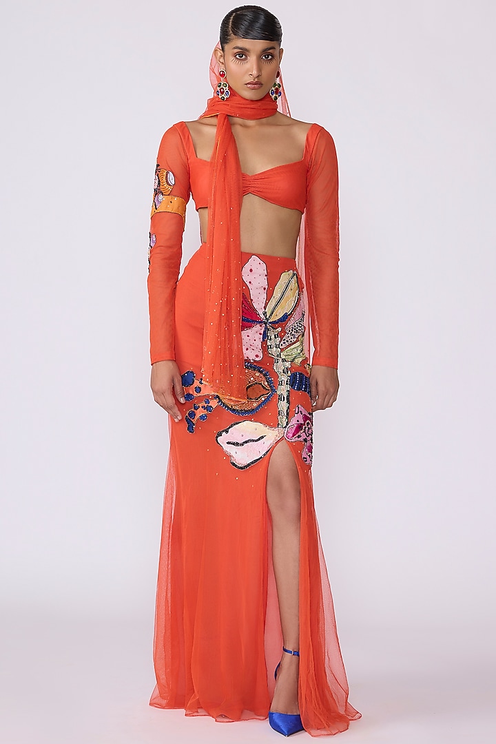 Spanish Orange Tulle Net Applique Embellished Skirt Set by Aisha Rao at Pernia's Pop Up Shop
