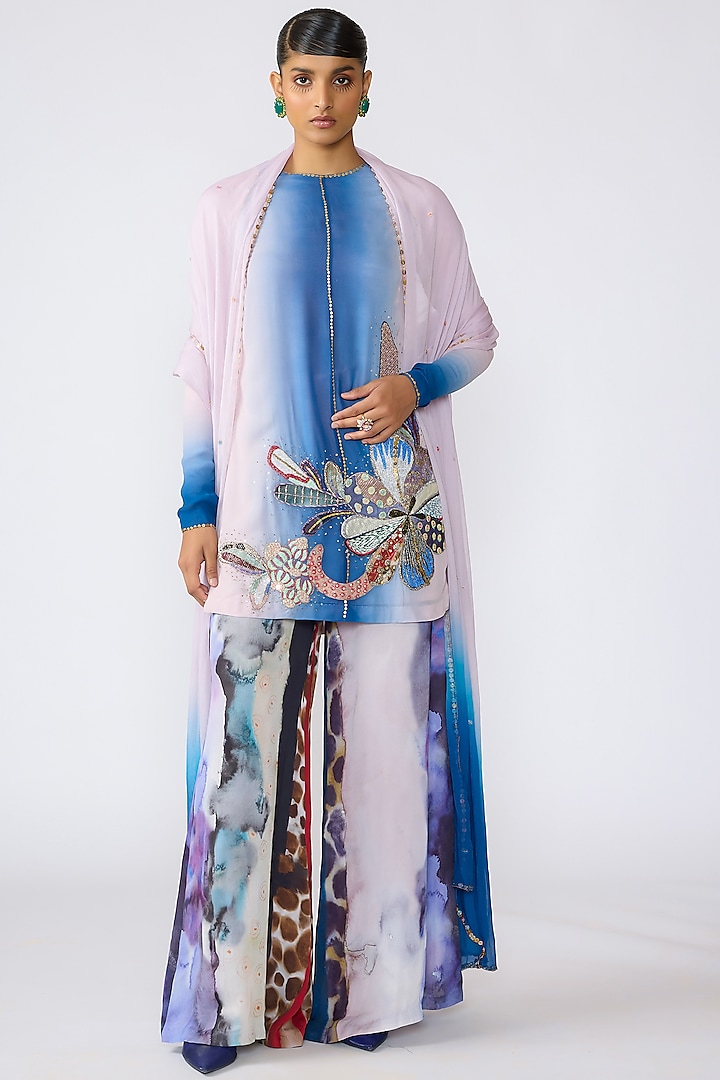 Pink & Blue Double Georgette Applique Embellished Short Kurta Set by Aisha Rao at Pernia's Pop Up Shop