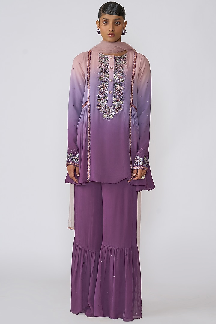 Amethyst Viscose Georgette Embellished Short Kurta Set by Aisha Rao at Pernia's Pop Up Shop