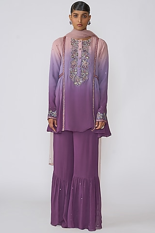 Amethyst Viscose Georgette Embellished Short Kurta Set by Aisha Rao