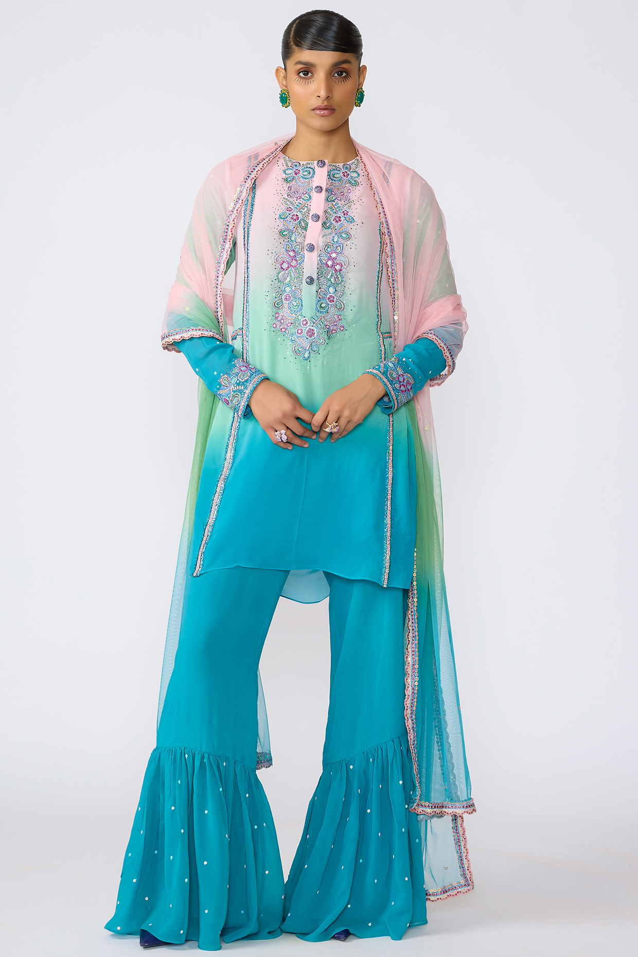 Aurora Viscose Georgette Embellished Short Kurta Set by Aisha Rao at Pernia's Pop Up Shop