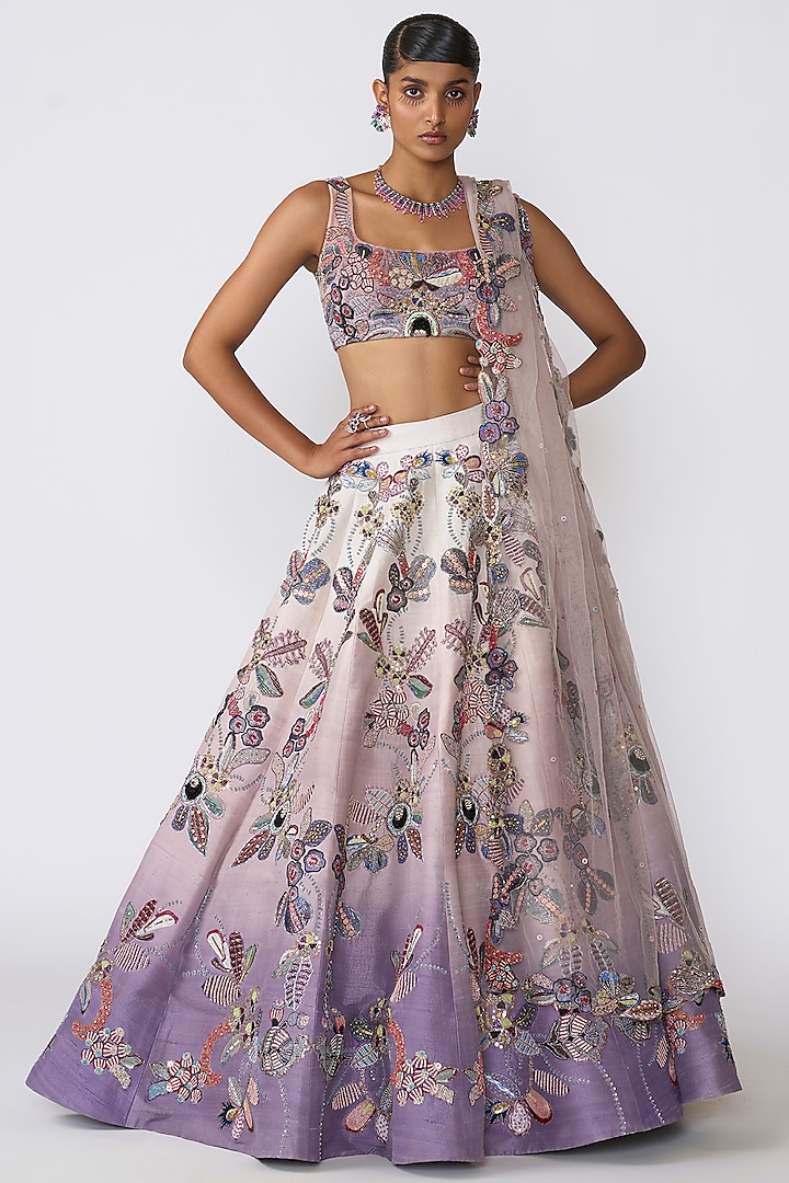 Ivory & Amethyst Raw Silk Applique Embellished Bridal lehenga for 22 Lehenga Set by Aisha Rao at Pernia's Pop Up Shop