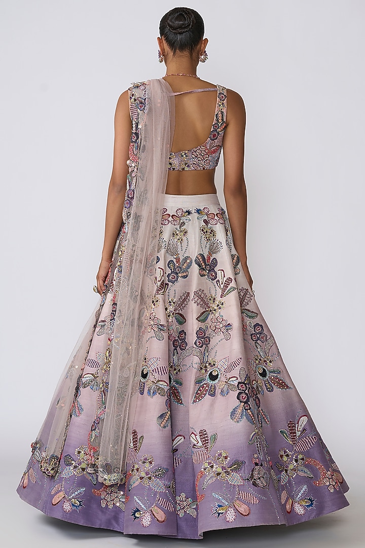 Ivory & Amethyst Raw Silk Applique Embellished Bridal Lehenga Set by Aisha Rao at Pernia's Pop Up Shop