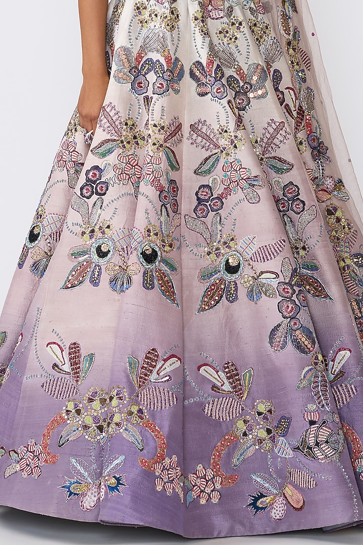 Ivory & Amethyst Raw Silk Applique Embellished Bridal Lehenga Set by Aisha Rao at Pernia's Pop Up Shop