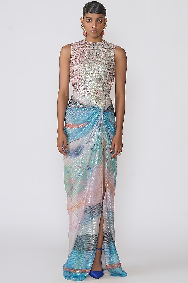 Aurora Sequins Tulle Printed & Embellished Slit Wedding Gown by Aisha Rao at Pernia's Pop Up Shop