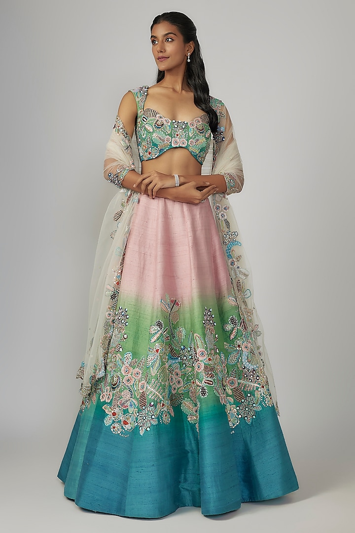 Aurora Raw Silk Applique Embellished Ombre Bridal Lehenga Set by Aisha Rao at Pernia's Pop Up Shop