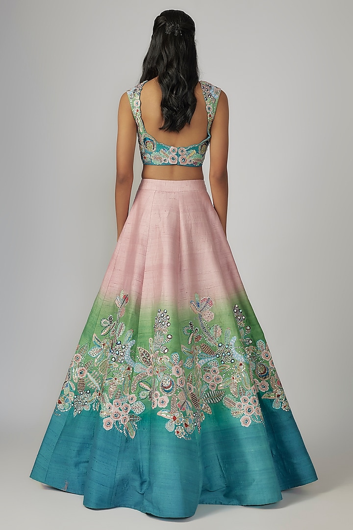 Aurora Raw Silk Applique Embellished Ombre Bridal Lehenga Set by Aisha Rao at Pernia's Pop Up Shop