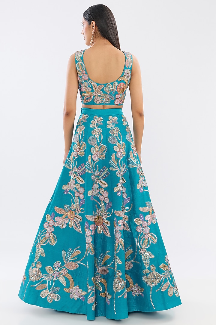 Tuft Blue Raw Silk Applique Embellished Bridal Lehenga Set by Aisha Rao at Pernia's Pop Up Shop