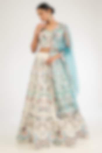 Porcelain Raw Silk Applique Embellished Bridal Lehenga Set by Aisha Rao at Pernia's Pop Up Shop