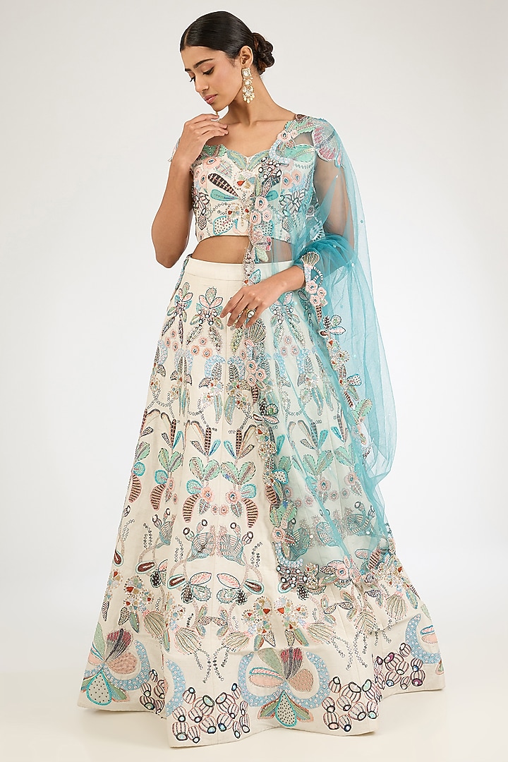 Porcelain Raw Silk Applique Embellished Bridal Lehenga Set by Aisha Rao at Pernia's Pop Up Shop