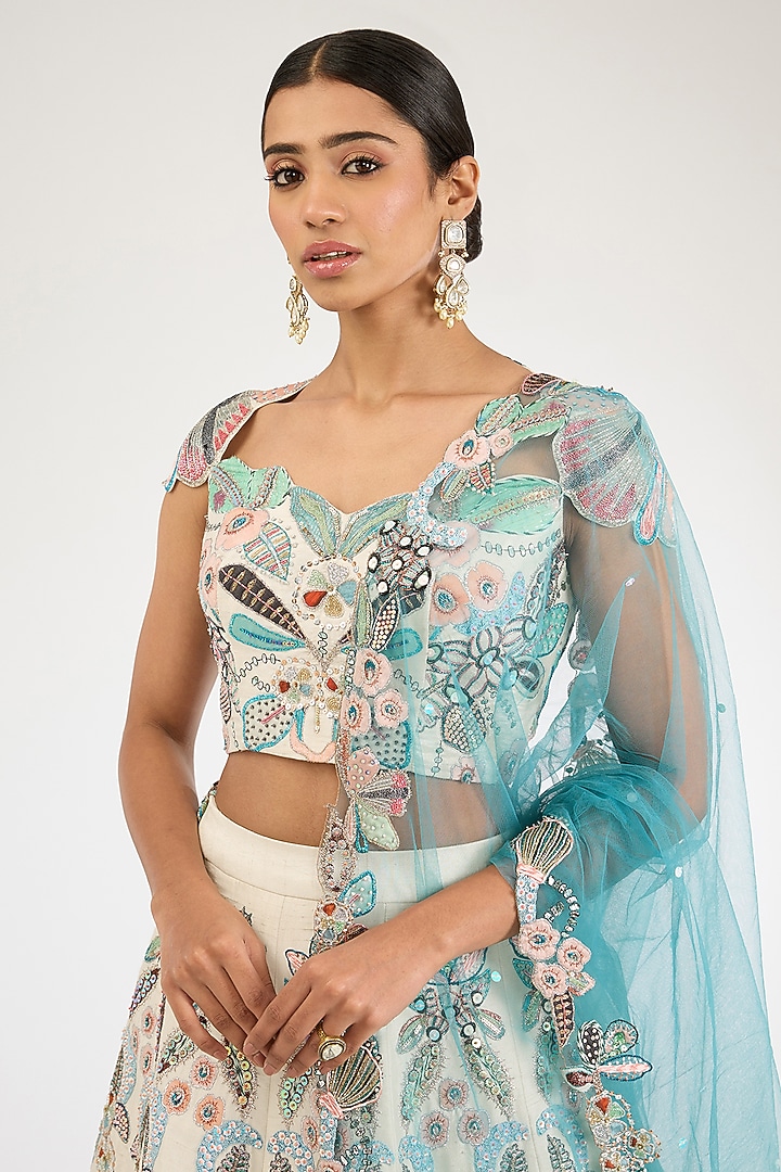 Porcelain Raw Silk Applique Embellished Bridal Lehenga Set by Aisha Rao at Pernia's Pop Up Shop