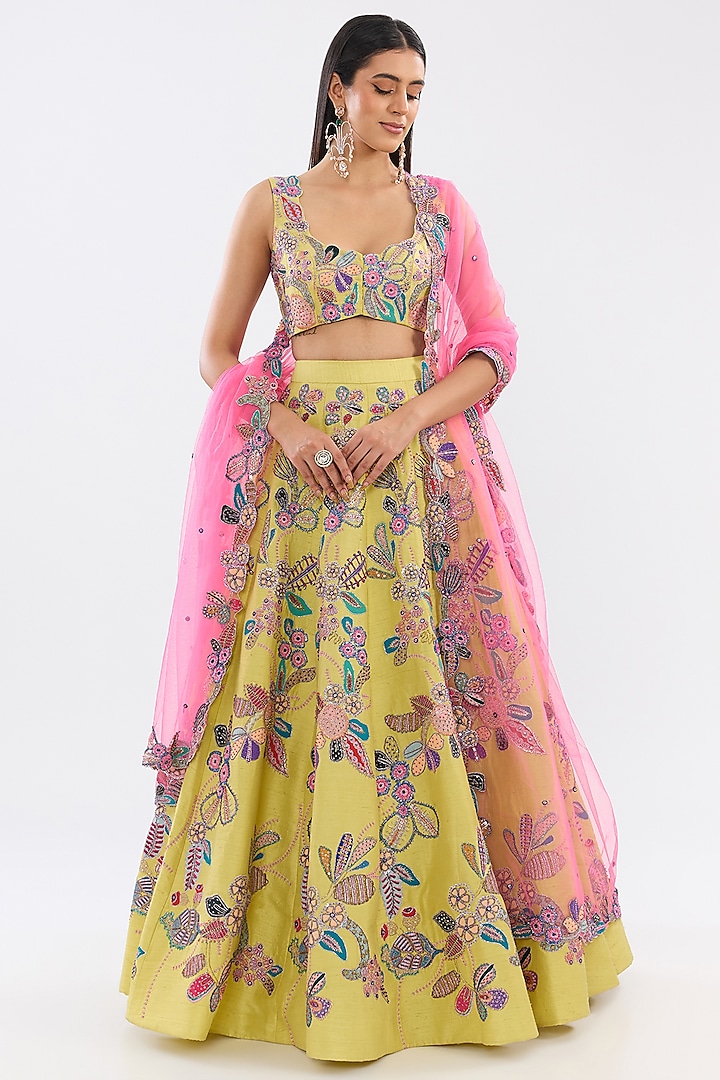 Lime Raw Silk Applique Embellished Bridal lehenga for 22 Lehenga Set by Aisha Rao at Pernia's Pop Up Shop