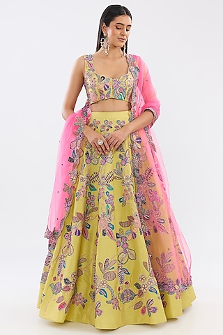 Lime Raw Silk Applique Embellished Lehenga Set by Aisha Rao