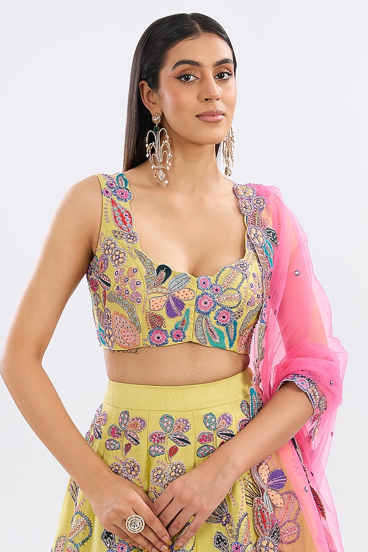Lime Raw Silk Applique Embellished Bridal Lehenga Set by Aisha Rao at Pernia's Pop Up Shop