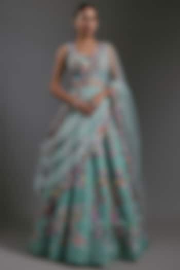 Scuba Blue Raw Silk Applique Embellished Bridal lehenga for 22 Lehenga Set by Aisha Rao at Pernia's Pop Up Shop