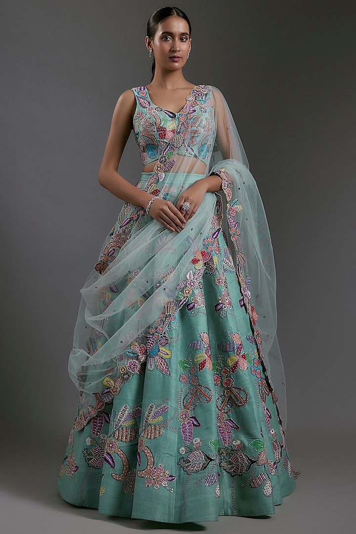 Scuba Blue Raw Silk Applique Embellished Bridal lehenga for 22 Lehenga Set by Aisha Rao at Pernia's Pop Up Shop