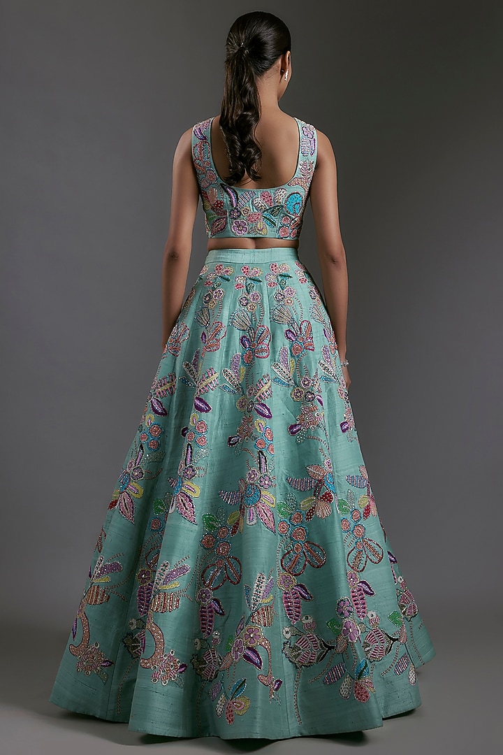 Scuba Blue Raw Silk Applique Embellished Bridal Lehenga Set by Aisha Rao at Pernia's Pop Up Shop