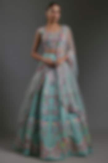 Scuba Blue Raw Silk Applique Embellished Bridal lehenga for 22 Lehenga Set by Aisha Rao at Pernia's Pop Up Shop
