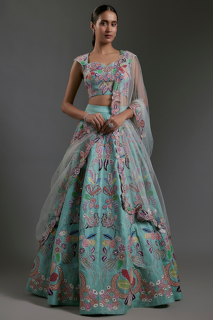Scuba Blue Raw Silk Applique Embellished Bridal lehenga for 22 Lehenga Set by Aisha Rao at Pernia's Pop Up Shop