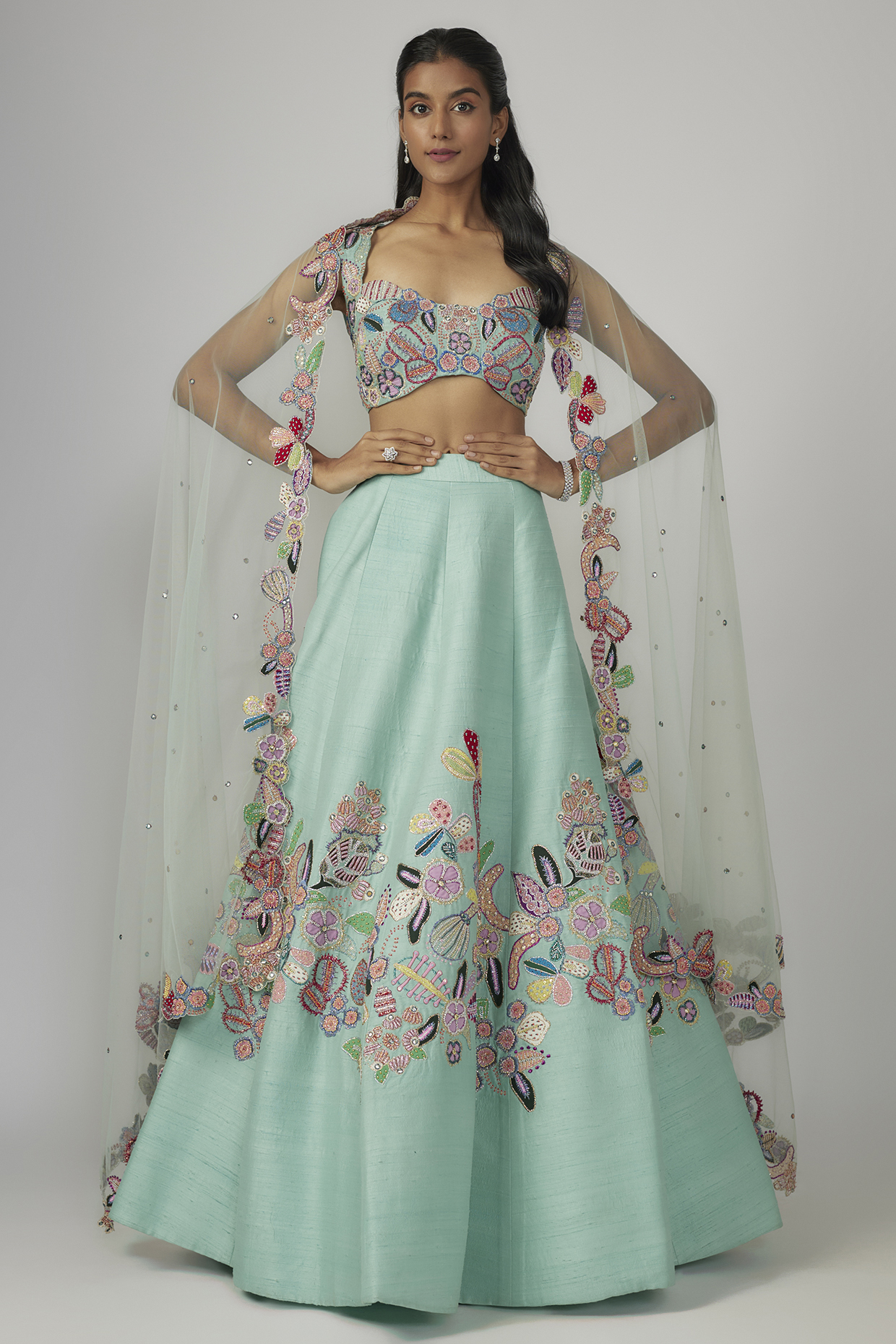Scuba Blue Raw Silk Applique Embellished Bridal lehenga for 22 Lehenga Set by Aisha Rao at Pernia's Pop Up Shop
