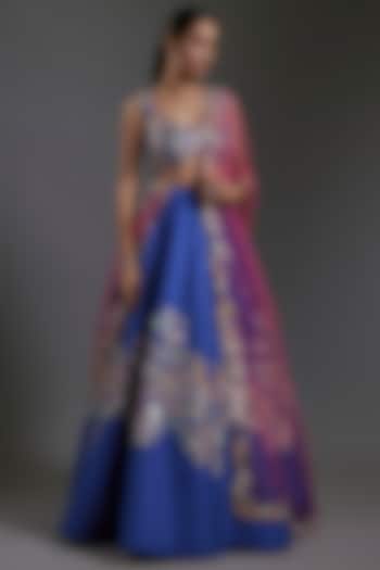 Electric Blue Raw Silk Applique Embellished Bridal lehenga for 22 Lehenga Set by Aisha Rao at Pernia's Pop Up Shop