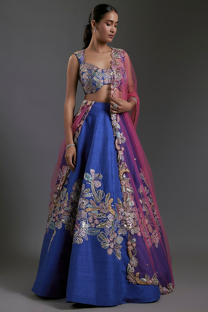 Electric Blue Raw Silk Applique Embellished Bridal lehenga for 22 Lehenga Set by Aisha Rao at Pernia's Pop Up Shop