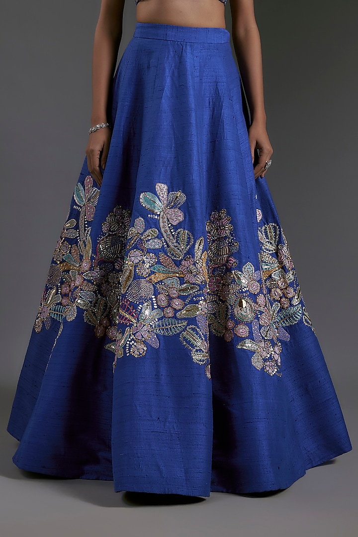 Electric Blue Raw Silk Applique Embellished Bridal Lehenga Set by Aisha Rao at Pernia's Pop Up Shop