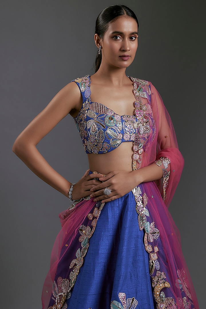 Electric Blue Raw Silk Applique Embellished Bridal Lehenga Set by Aisha Rao at Pernia's Pop Up Shop