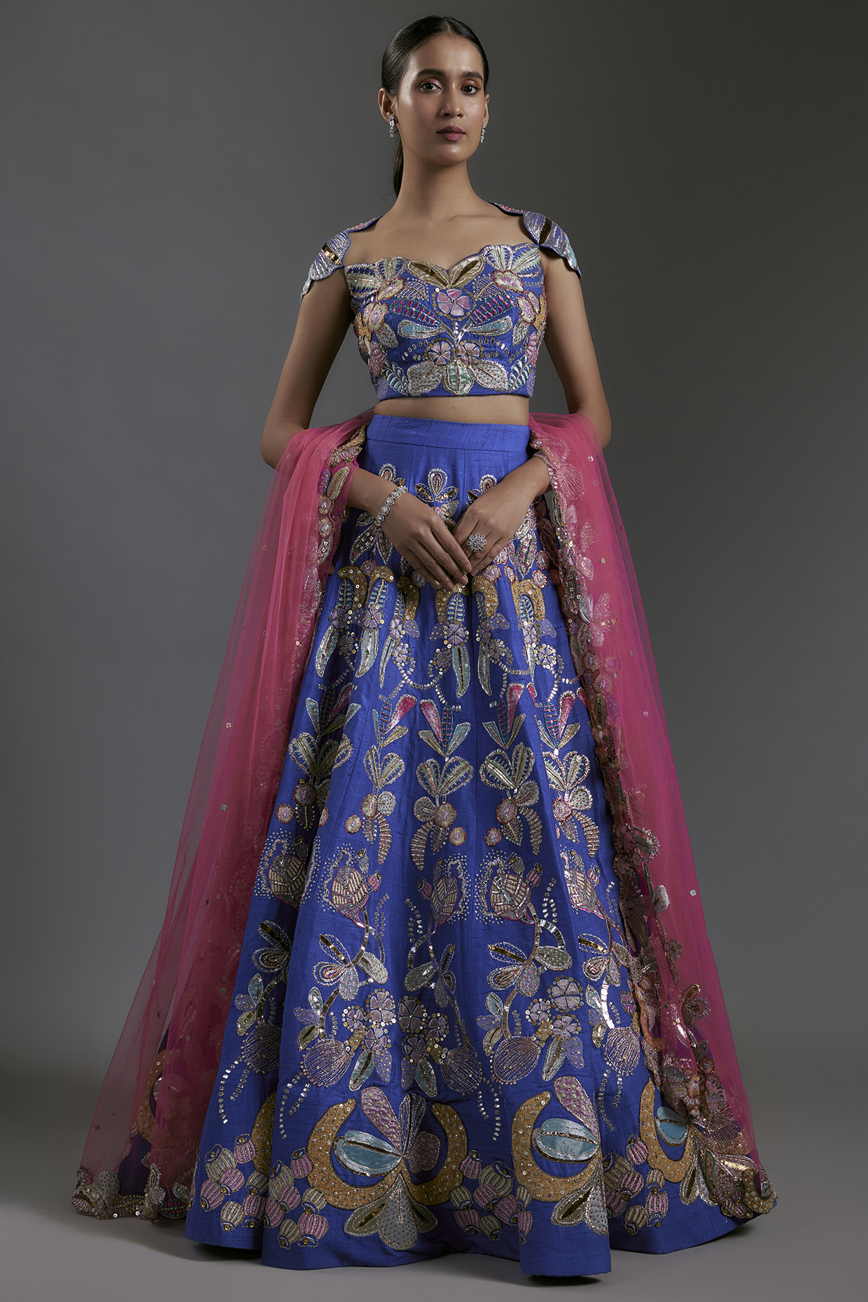 Electric Blue Raw Silk Applique Embellished Bridal lehenga for 22 Lehenga Set by Aisha Rao at Pernia's Pop Up Shop