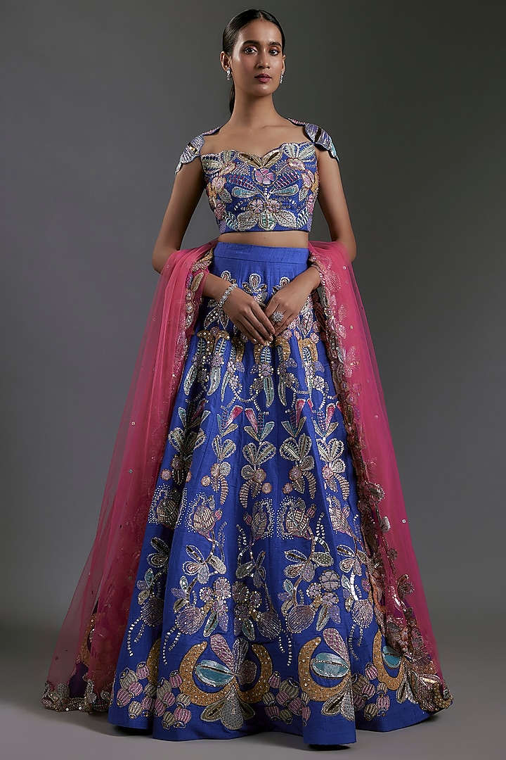 Electric Blue Raw Silk Applique Embellished Bridal lehenga for 22 Lehenga Set by Aisha Rao at Pernia's Pop Up Shop