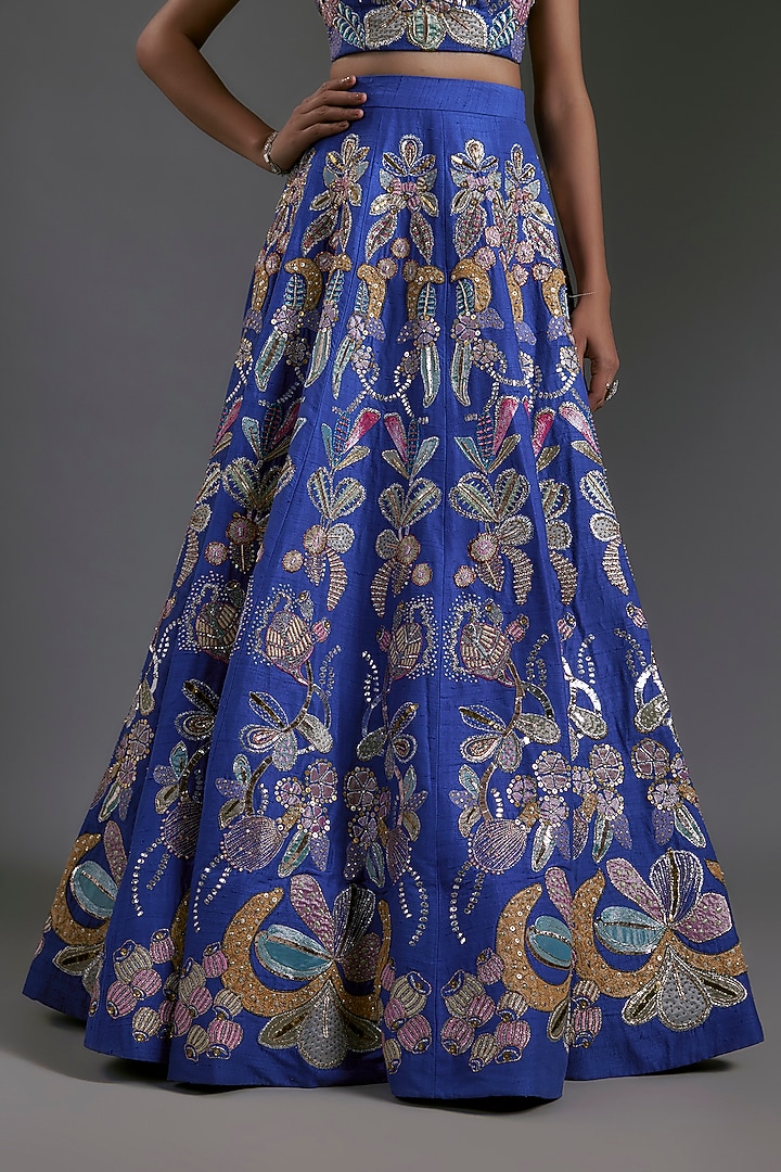 Electric Blue Raw Silk Applique Embellished Bridal Lehenga Set by Aisha Rao at Pernia's Pop Up Shop