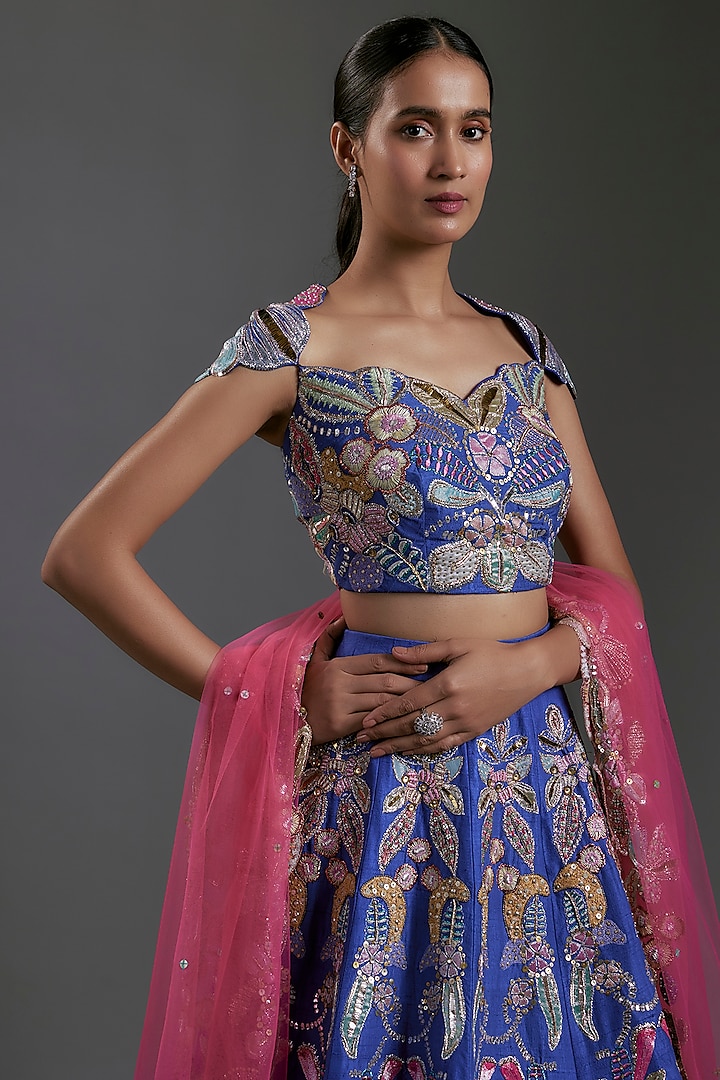 Electric Blue Raw Silk Applique Embellished Bridal Lehenga Set by Aisha Rao at Pernia's Pop Up Shop