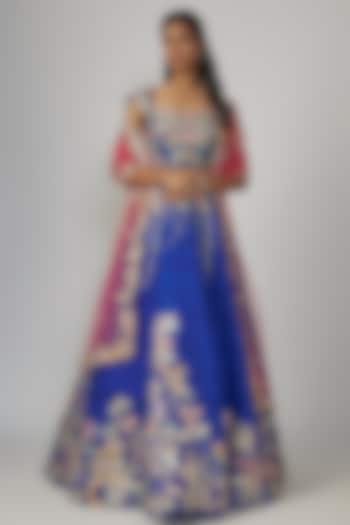 Electric Blue Raw Silk Applique Embellished Bridal lehenga for 22 Lehenga Set by Aisha Rao at Pernia's Pop Up Shop