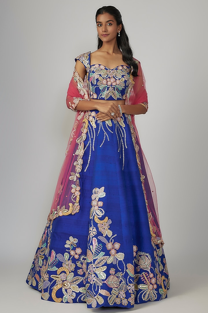 Electric Blue Raw Silk Applique Embellished Bridal lehenga for 22 Lehenga Set by Aisha Rao at Pernia's Pop Up Shop