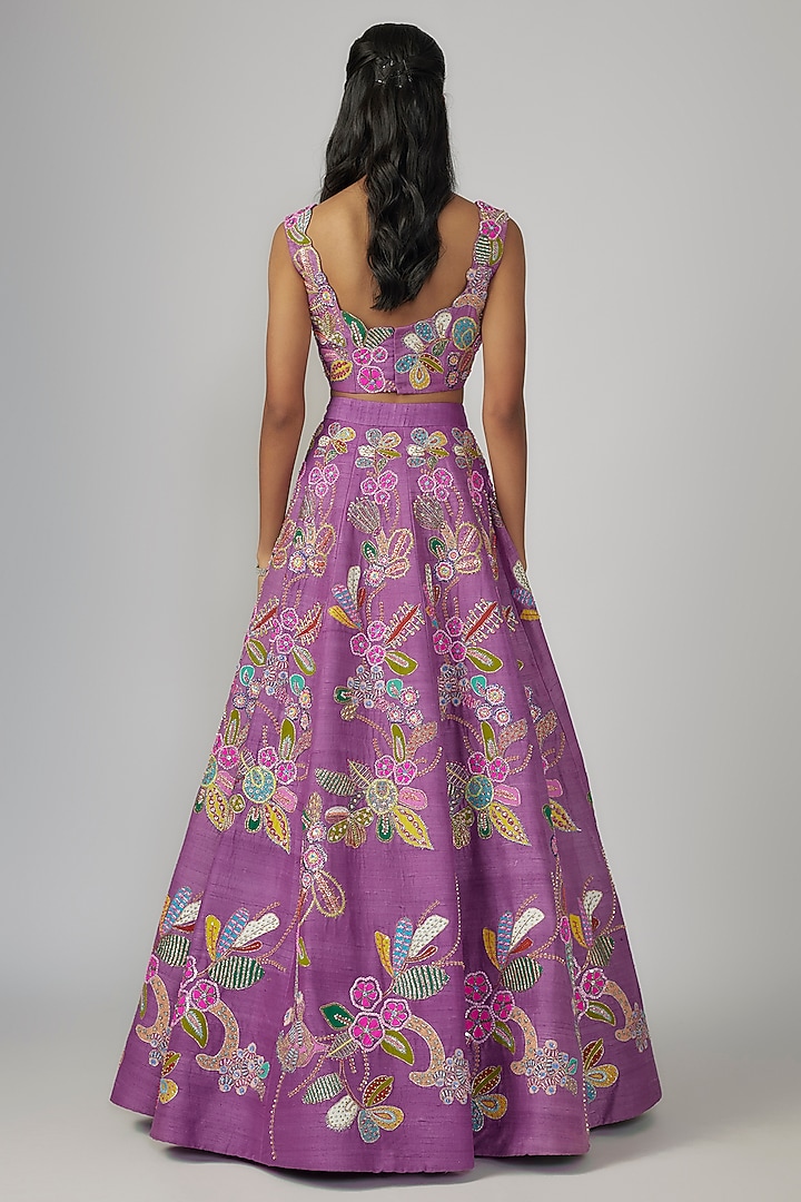Purple Raw Silk Applique Embellished Bridal Lehenga Set by Aisha Rao at Pernia's Pop Up Shop