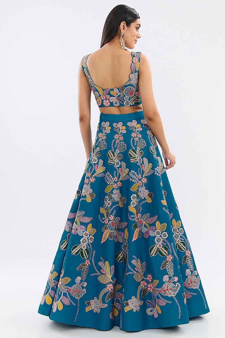 Blue Raw Silk Applique Embellished Bridal Lehenga Set by Aisha Rao at Pernia's Pop Up Shop