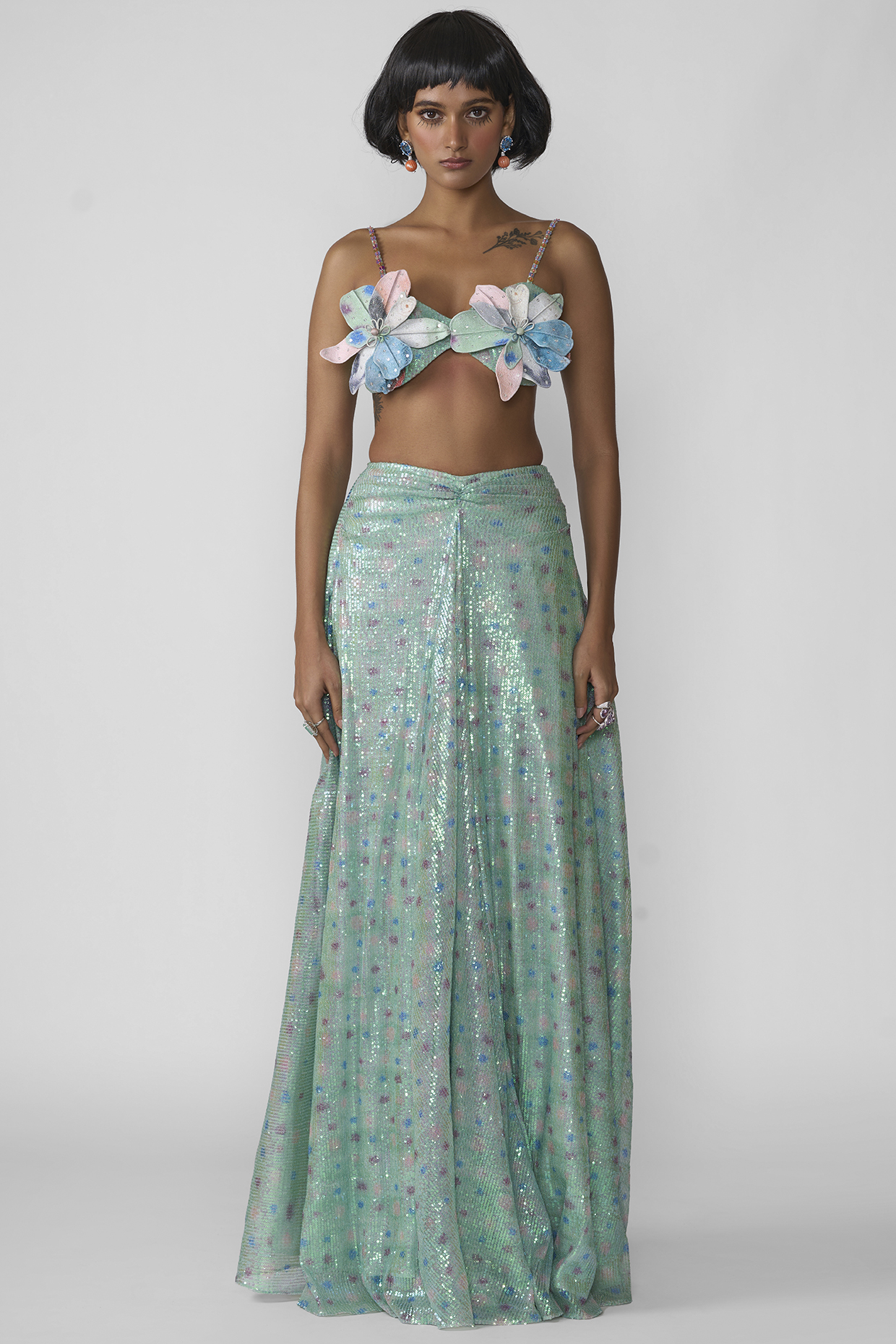 Aquamarine Tulle Printed  dulhan bday 22 may Lehenga Set by Aisha Rao at Pernia's Pop Up Shop
