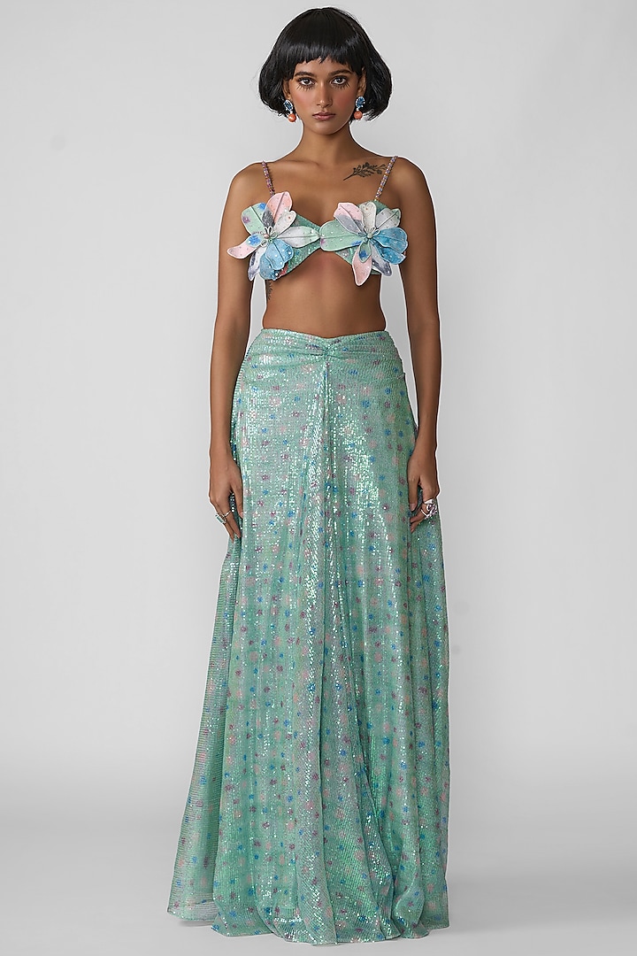 Aquamarine Tulle Printed  dulhan bday 22 may Lehenga Set by Aisha Rao at Pernia's Pop Up Shop