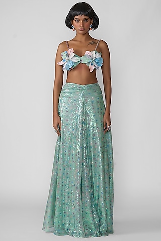 Aquamarine Tulle Printed Lehenga Set by Aisha Rao