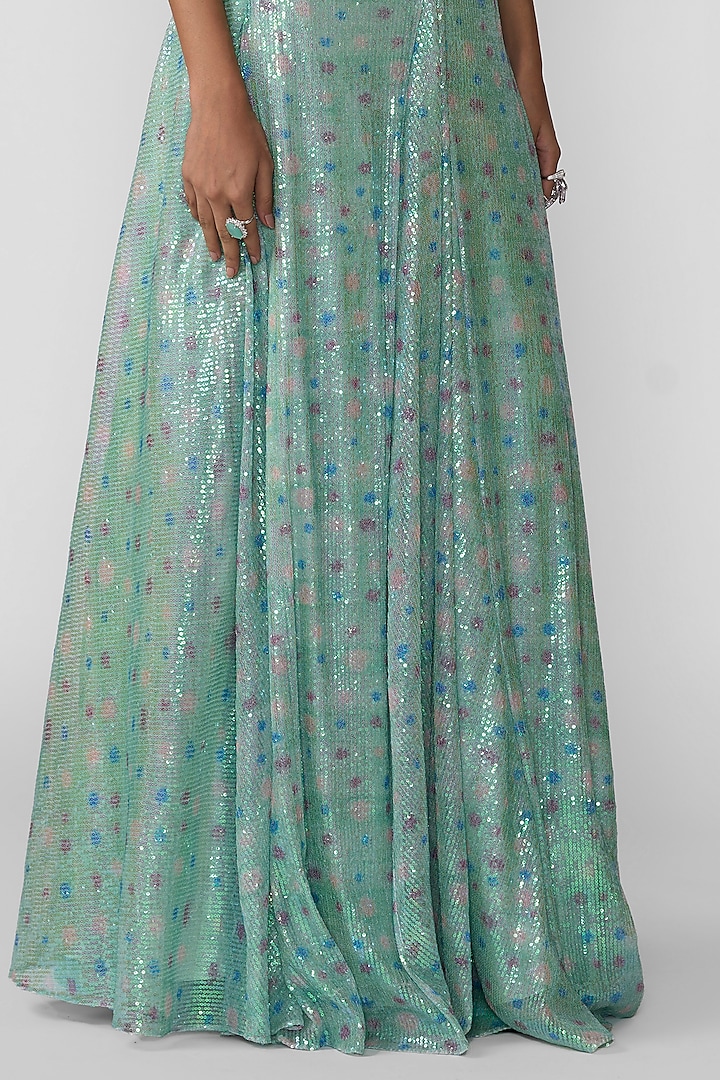 Aquamarine Tulle Printed Wedding Lehenga Set by Aisha Rao at Pernia's Pop Up Shop