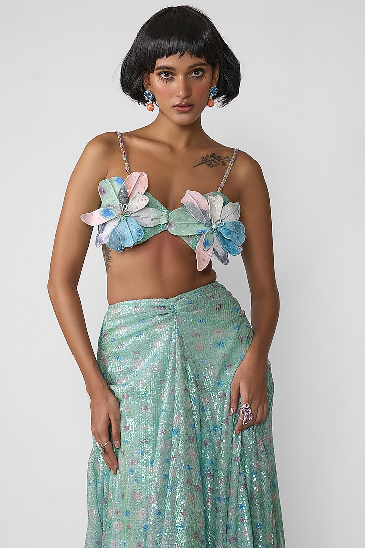 Aquamarine Tulle Printed Wedding Lehenga Set by Aisha Rao at Pernia's Pop Up Shop